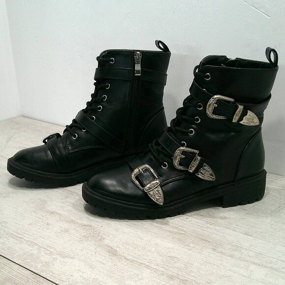 Dolls Kill Combat Moto Lace up Black Boots with Silver Buckle Strap Size 6 - Picture 4 of 13